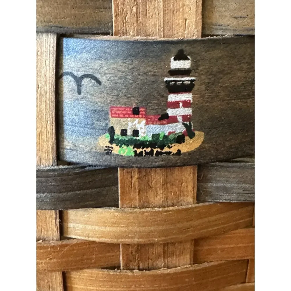 VTG Farmhouse Woven Splint Wood Basket Painted Lighthouses Nautical Coastal